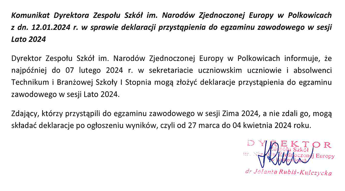 KOMUNIKAT DYREKTORA SZKOŁY