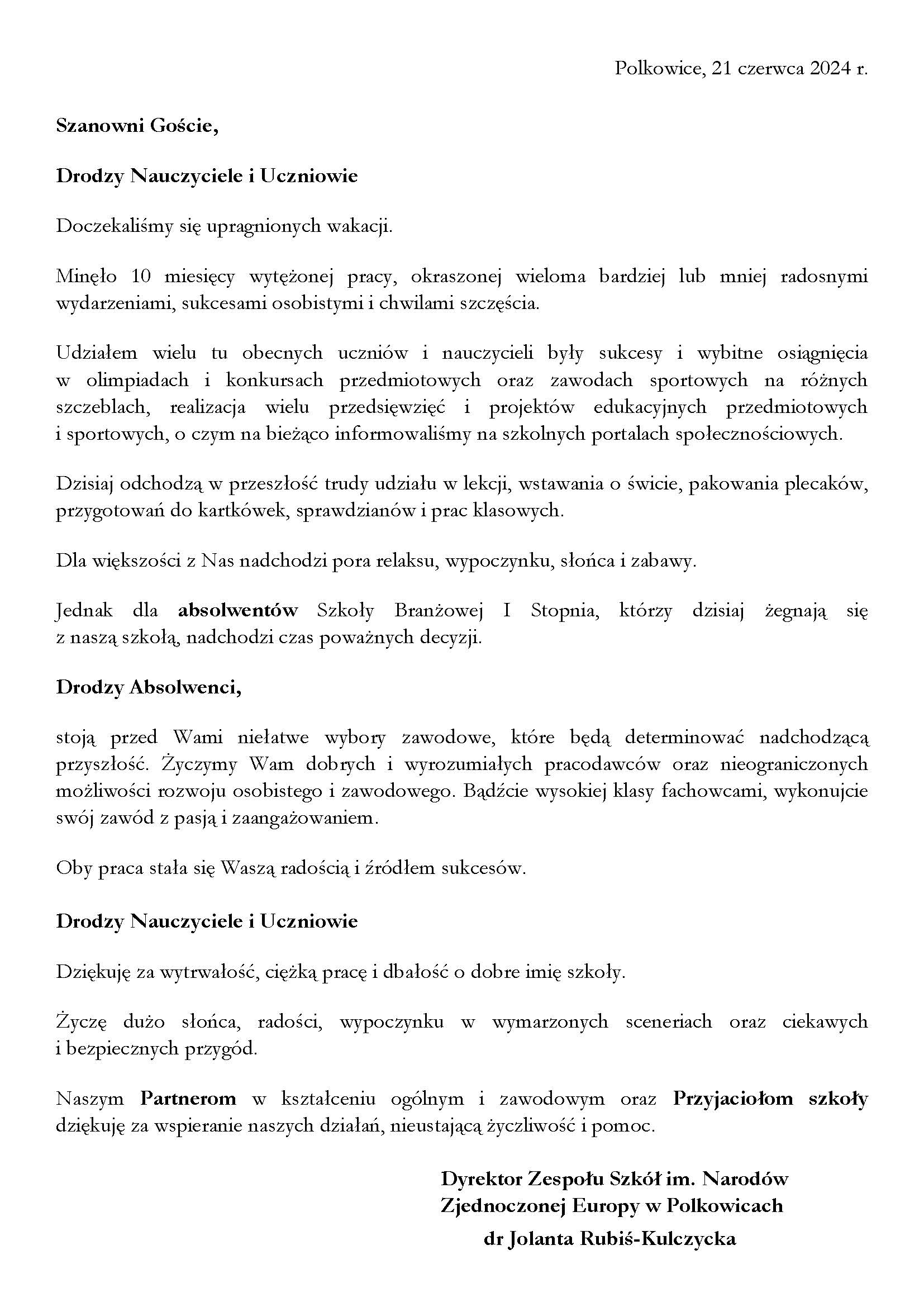 WYSTĄPIENIE DYREKTOR SZKOŁY,