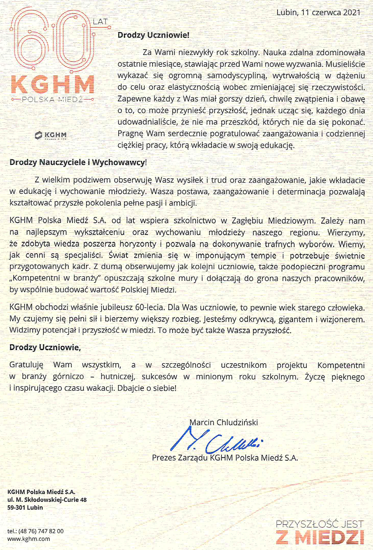 LIST PREZESA ZARZĄDU KGHM POLSKA MIEDŹ S.A. 